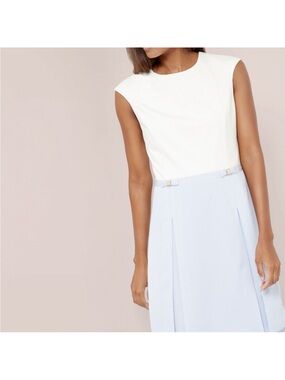 Ted Baker London Cream and Light Blue Cap-Sleeve Sheath Dress